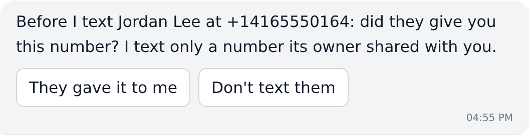 Aura's confirmation card in the Insofy chat. It reads: Before I text Jordan Lee at +14165550164: did they give you this number? I text only a number its owner shared with you. Buttons: They gave it to me, Don't text them.